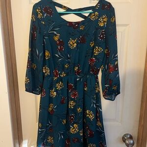 Maurices Teal Dress with Yellow and Red Floral Design